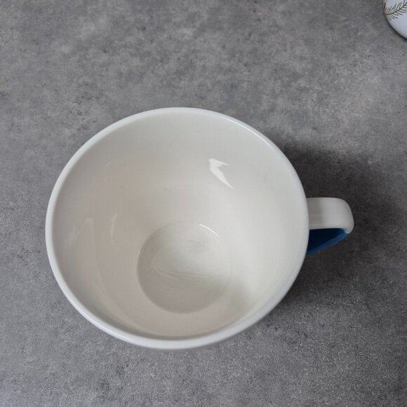 Davids Tea Mugs Blue Stripe and White with Gold Boughs and Red Berries and Lid - Picture 5 of 11